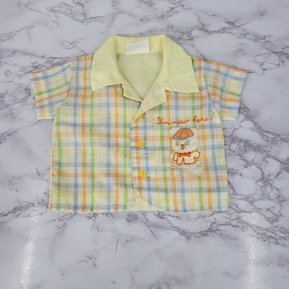 Vintage Newborn Button Down Shirt Yellow Plaid Embroidered Bear